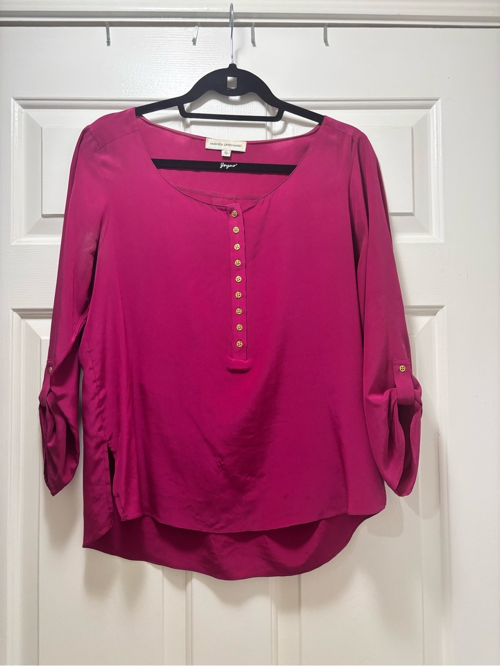 Amanda Uprichard Fuchsia Button-Front Roll-Tab Blouse